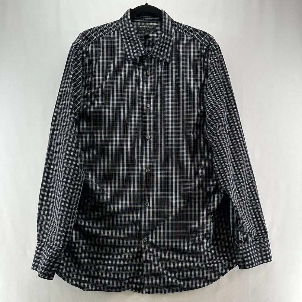 Banana Republic Button Up Shirt L Black Plaid Long Sleeve Non Iron Standard Fit - Picture 1 of 12